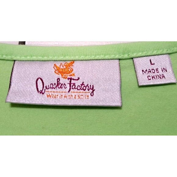 Quacker Factory L Light Lime Green Short Sleeve Shirt Rhinestone Flamingo - Picture 2 of 6